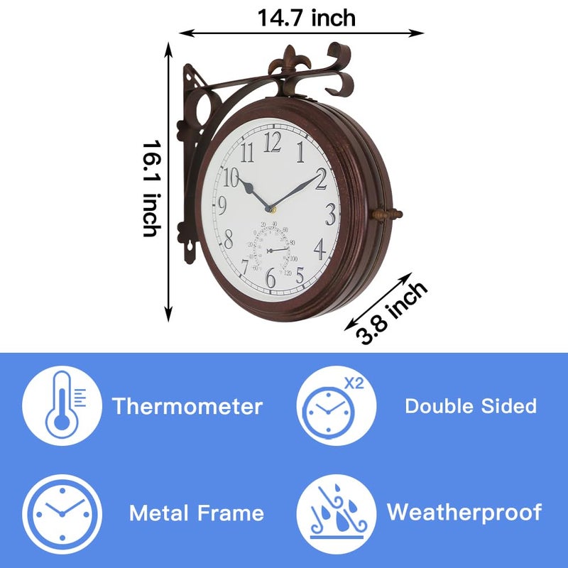 BESTIME 66276A Double Sided Metal Wall Clock with Antique Red Copper. Dial: 10-Inch,Thermometer, Quiet,Easy Read,Retro Station,Antique Hanging Clocks for Garden,Home Decor,Indoor,Outdoor,Living Room. - Image 2